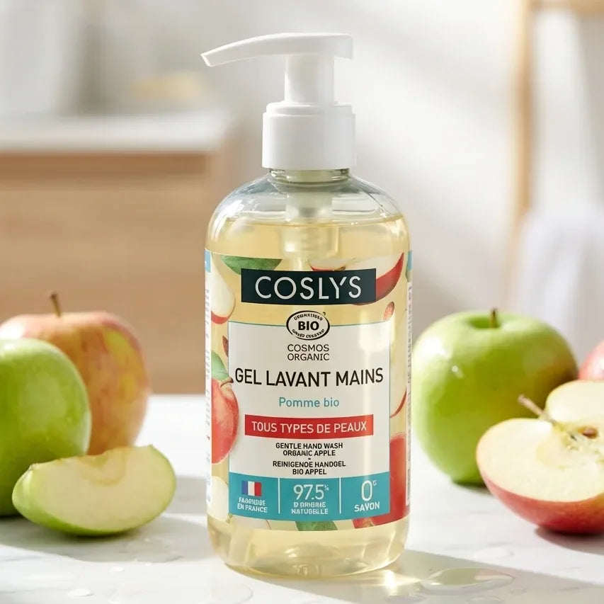 Gel lavant mains bio Coslys pomme 300ml flacon pompe sur marbre blanc