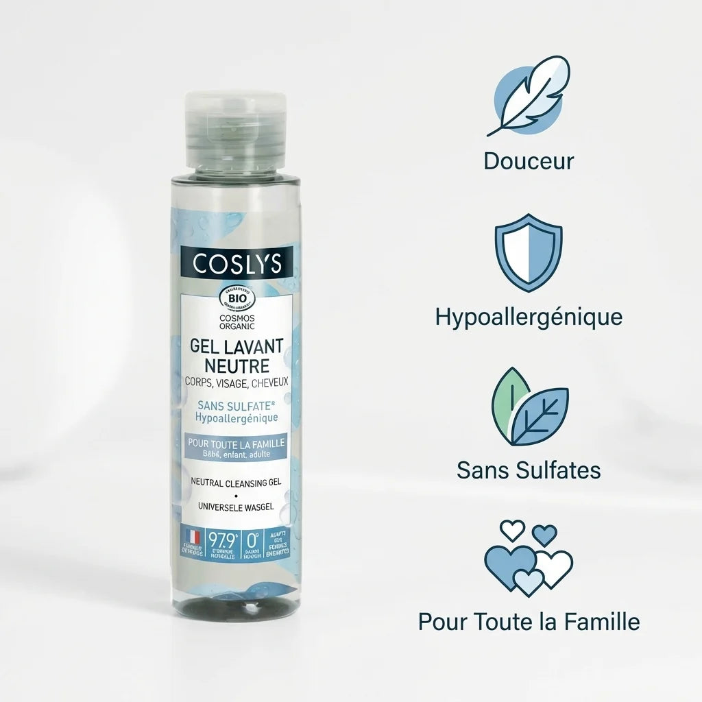 Gel lavant neutre Bio Coslys 100ml avec icônes douceur, hypoallergénique, sans sulfates