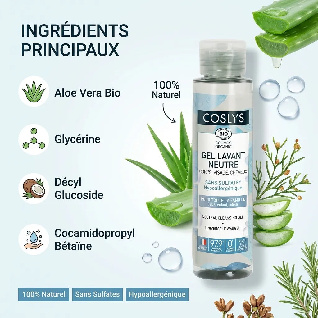 Gel lavant neutre Coslys Bio 100ml avec ingrédients naturels aloe vera et glycérine