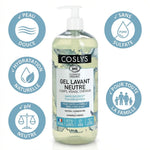 Gel lavant neutre Bio Coslys 1L avec icônes bénéfices: sans sulfate, pH neutre, hydratation naturelle
