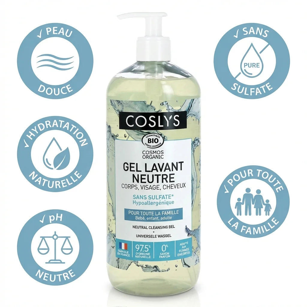Gel lavant neutre Bio Coslys 1L avec icônes bénéfices: sans sulfate, pH neutre, hydratation naturelle