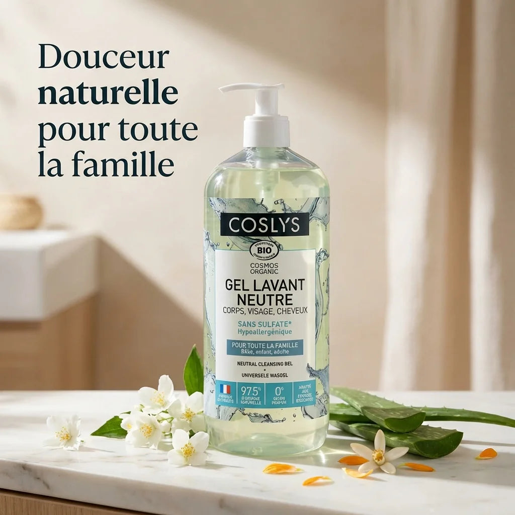 Gel lavant neutre Bio Coslys 1L avec fleurs blanches et feuilles d'aloe sur surface marbre