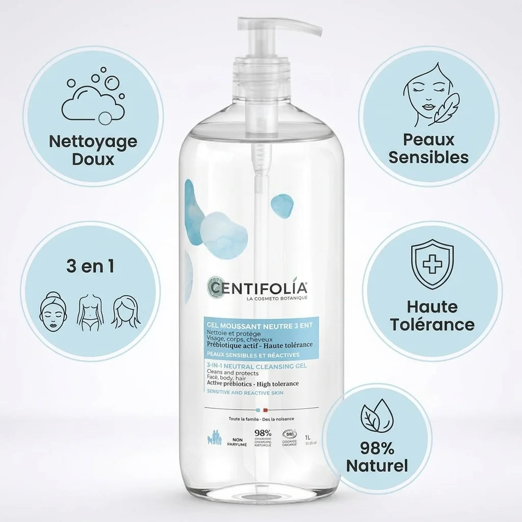 Gel Moussant 3 en 1 Centifolia 1L avec bénéfices : nettoyage doux, peaux sensibles, 98% naturel