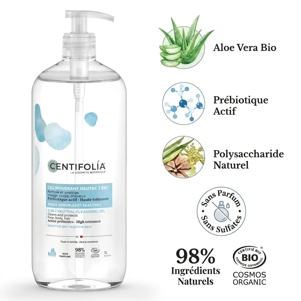 Gel Moussant Neutre 3 en 1 Centifolia 1L avec ingrédients naturels bio certifiés