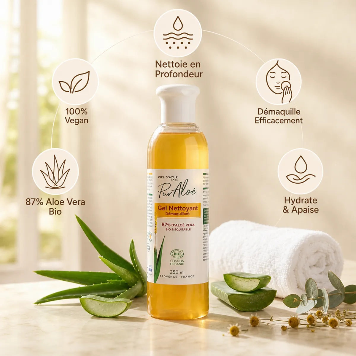 Gel nettoyant démaquillant bio Pur'Aloé 87% aloe vera avec bénéfices sur marbre blanc