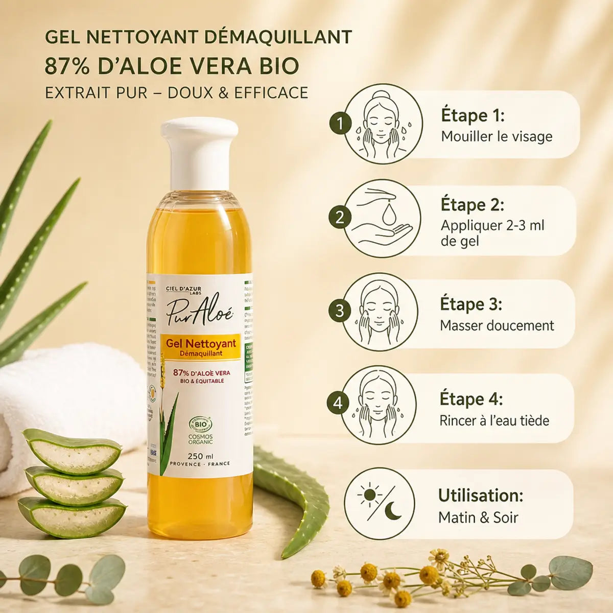 Gel nettoyant démaquillant bio Pur'Aloé 87% aloe vera avec mode d'emploi étapes