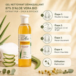 Gel nettoyant démaquillant bio Pur'Aloé 87% aloe vera avec mode d'emploi étapes