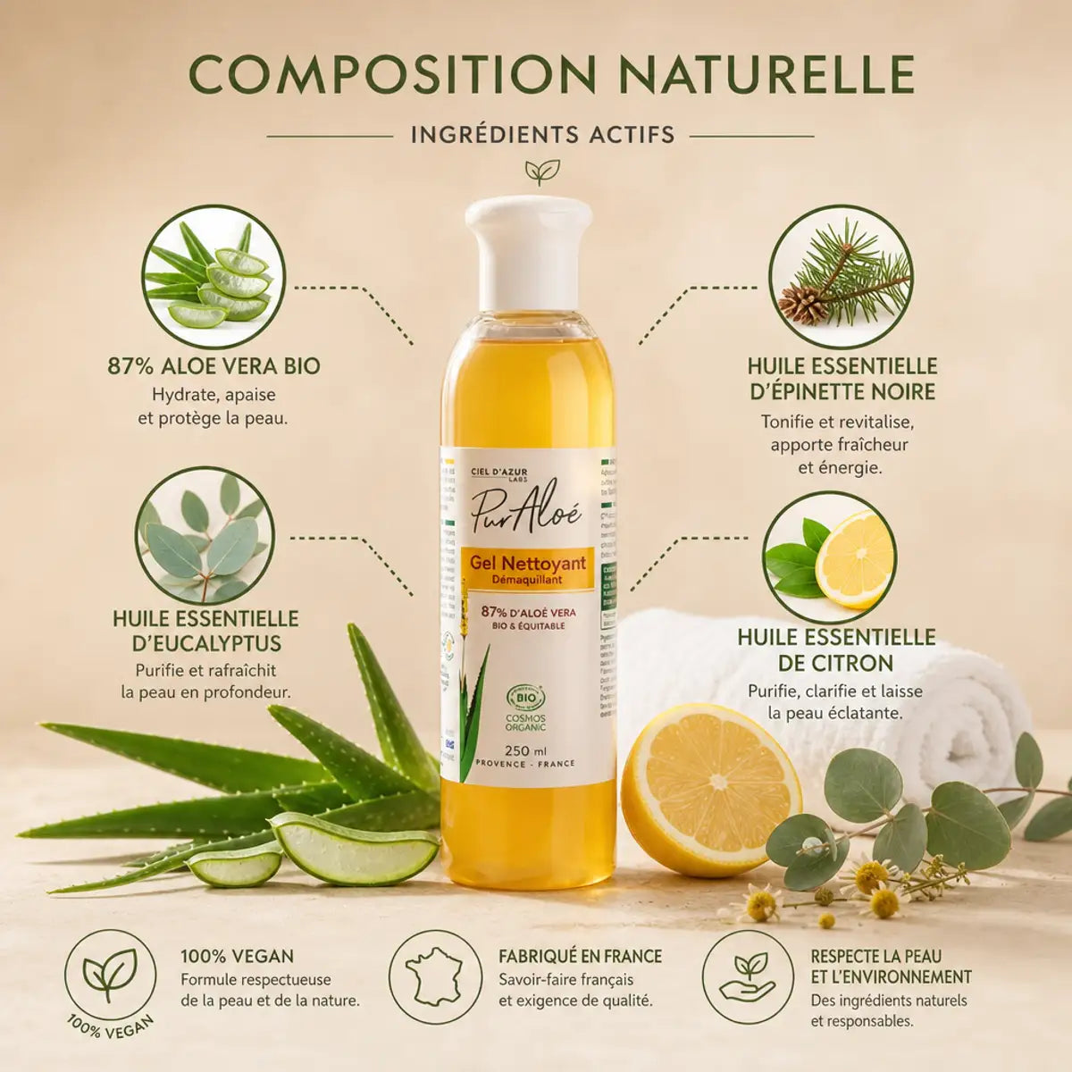 Gel nettoyant démaquillant bio Pur'Aloé 87% aloe vera avec ingrédients naturels et huiles essentielles