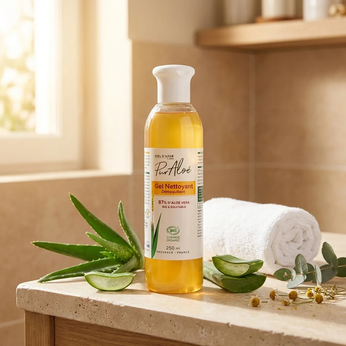 Gel nettoyant démaquillant Pur'Aloé Aloe Vera bio 250ml sur comptoir salle de bain spa