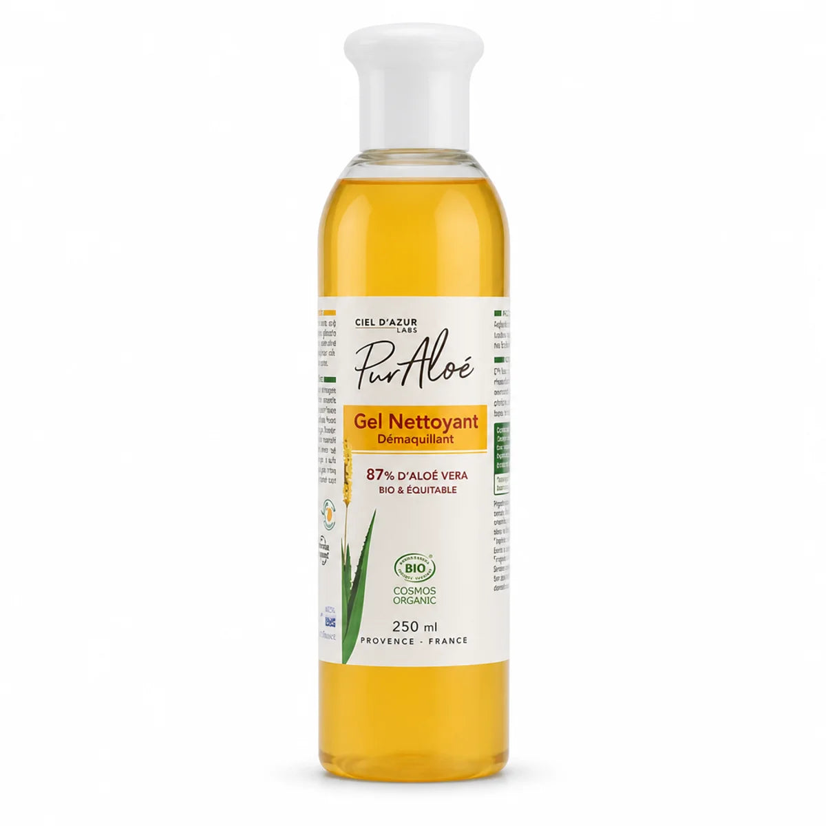 Gel nettoyant démaquillant bio Pur'Aloé 250ml à 87% d'aloe vera sur fond blanc