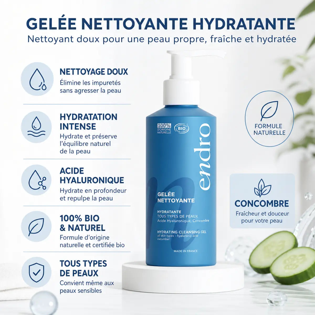 Gel Nettoyant Hydratant Endro 150ml avec bénéfices : hydratation, acide hyaluronique, bio naturel