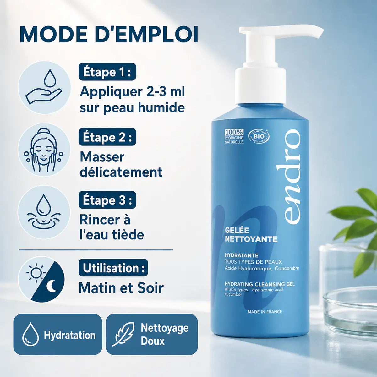 Gel nettoyant hydratant Endro 150ml avec mode d'emploi et infographie d'utilisation