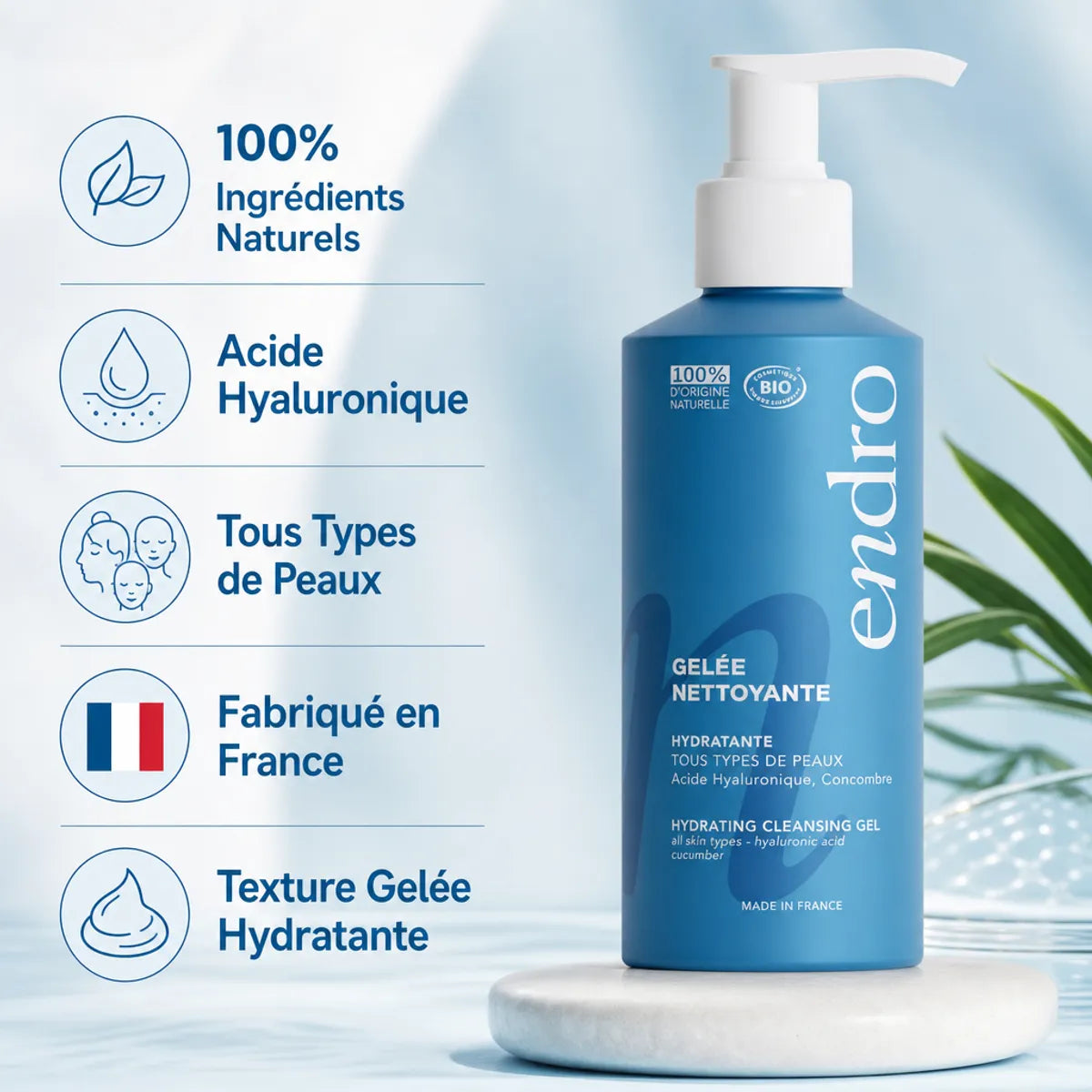 Gel nettoyant hydratant Endro 150ml bleu avec caractéristiques produit et ingrédients naturels