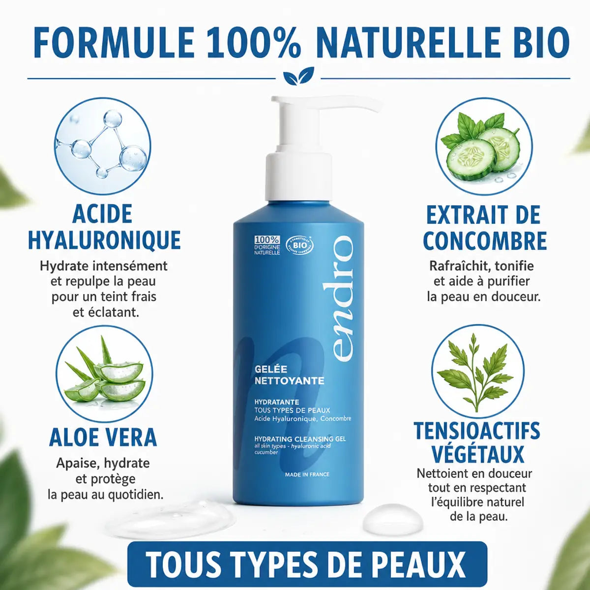 Gel nettoyant hydratant Endro 150ml avec ingrédients naturels : acide hyaluronique, concombre, aloe vera