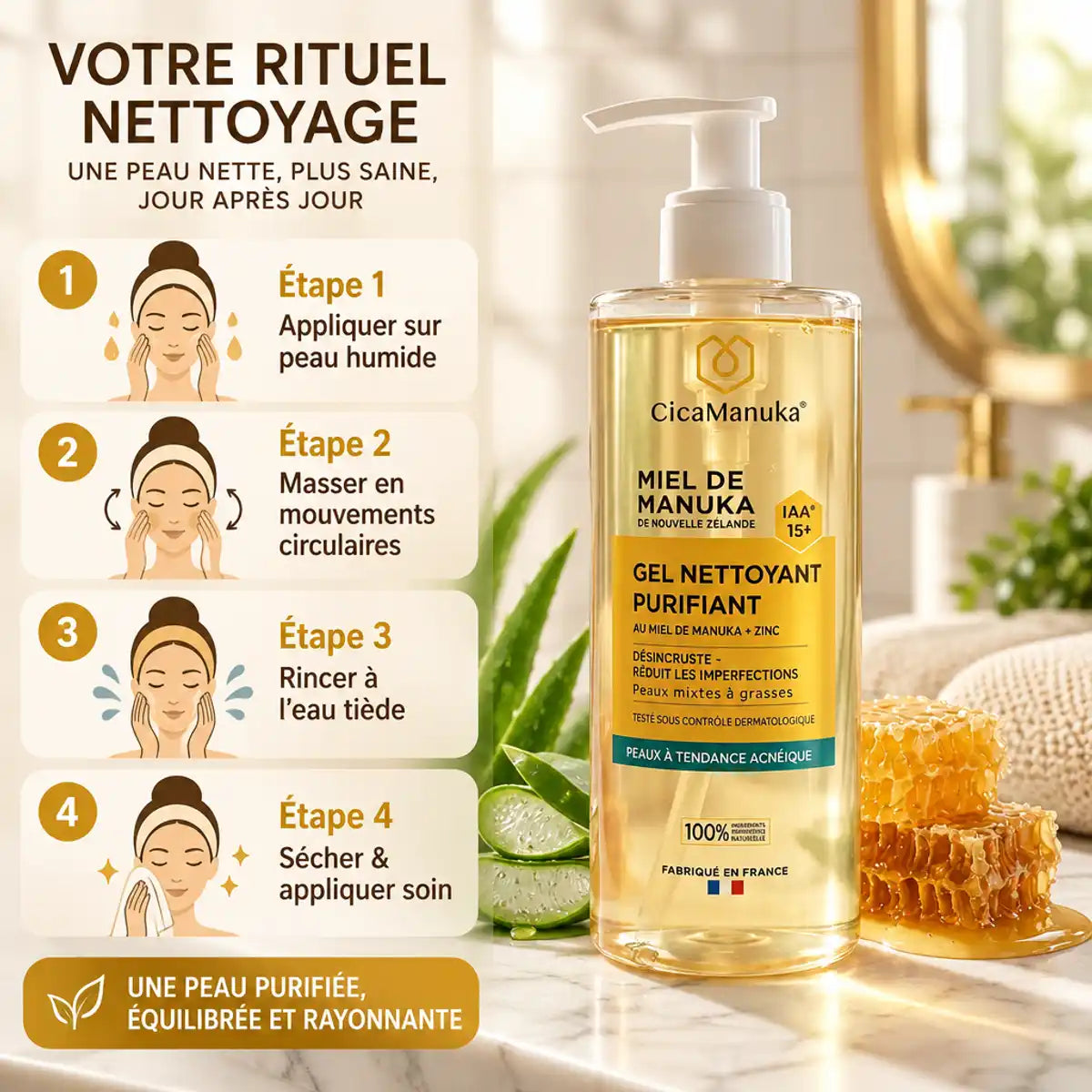 Gel nettoyant miel de Manuka IAA15+ CicaManuka 200ml avec guide d'utilisation étapes