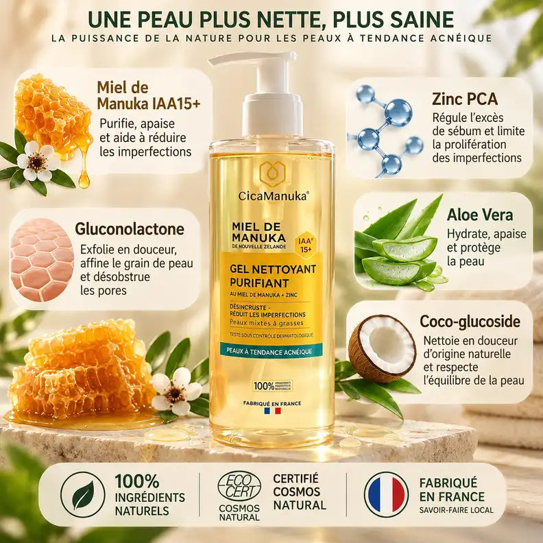 Gel nettoyant miel de Manuka IAA15+ avec ingrédients naturels et certifications COSMOS