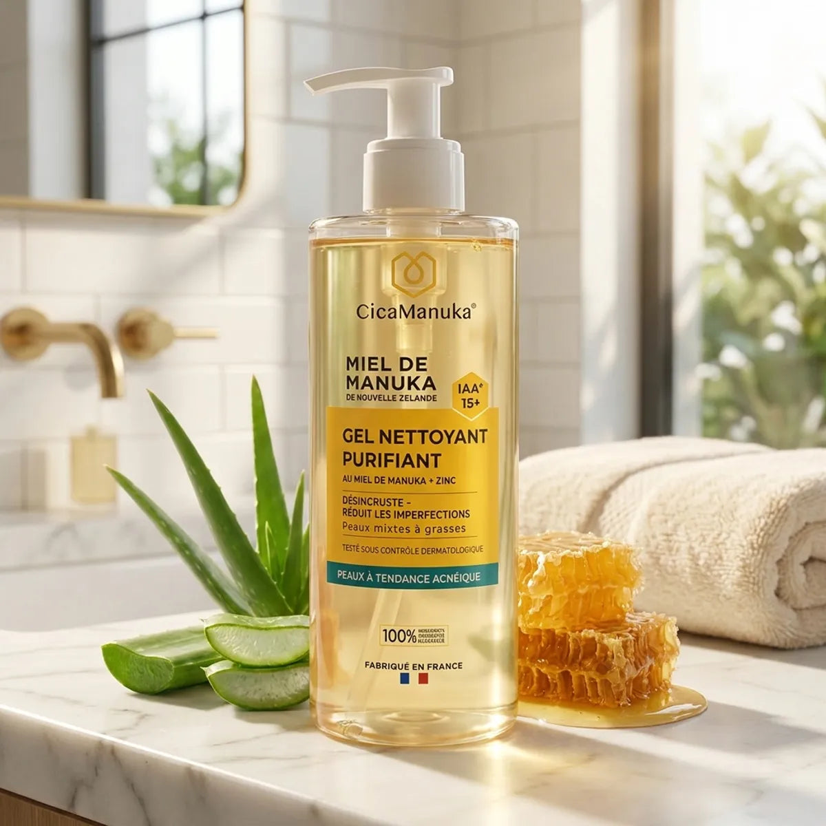 Gel nettoyant Manuka miel IAA15+ 200ml CicaManuka sur marbre avec aloe vera