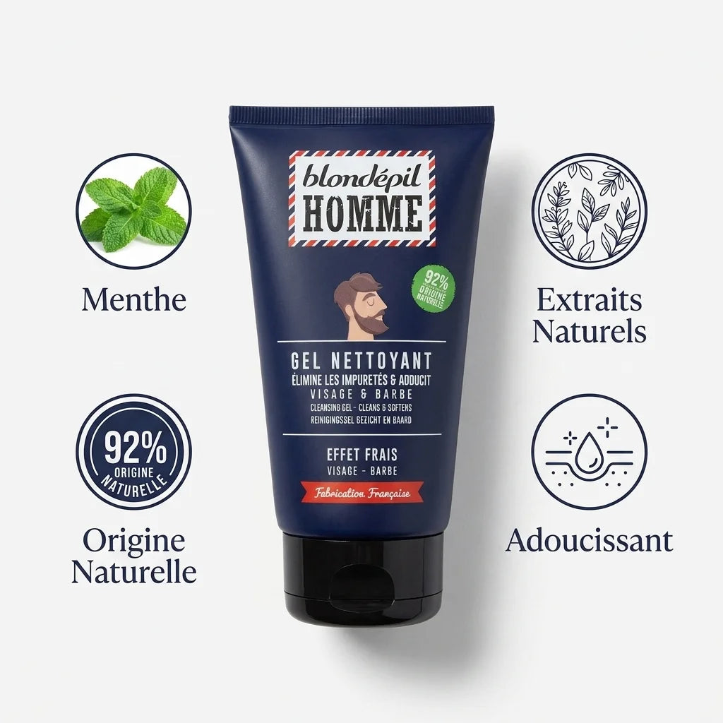 Gel Nettoyant Visage Barbe Blondépil 150ml avec ingrédients naturels menthe extraits botaniques