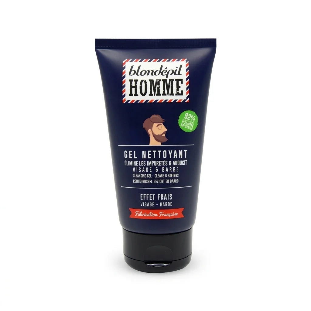 Gel nettoyant visage et barbe Blondépil 150ml tube bleu marine avec bouchon noir
