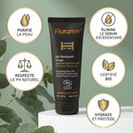 Gel nettoyant visage homme bio Florame 75ml avec infographie des bénéfices et logo doré