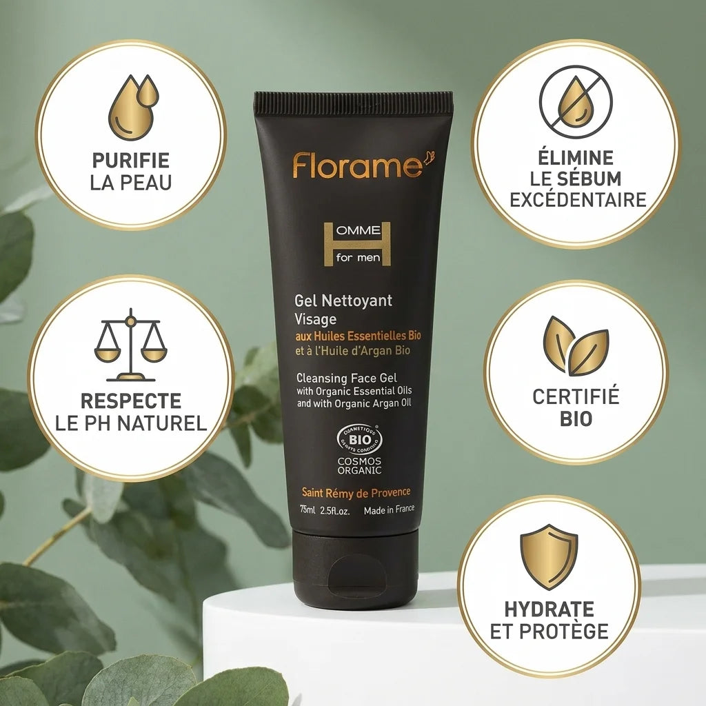 Gel nettoyant visage homme bio Florame 75ml avec infographie des bénéfices et logo doré