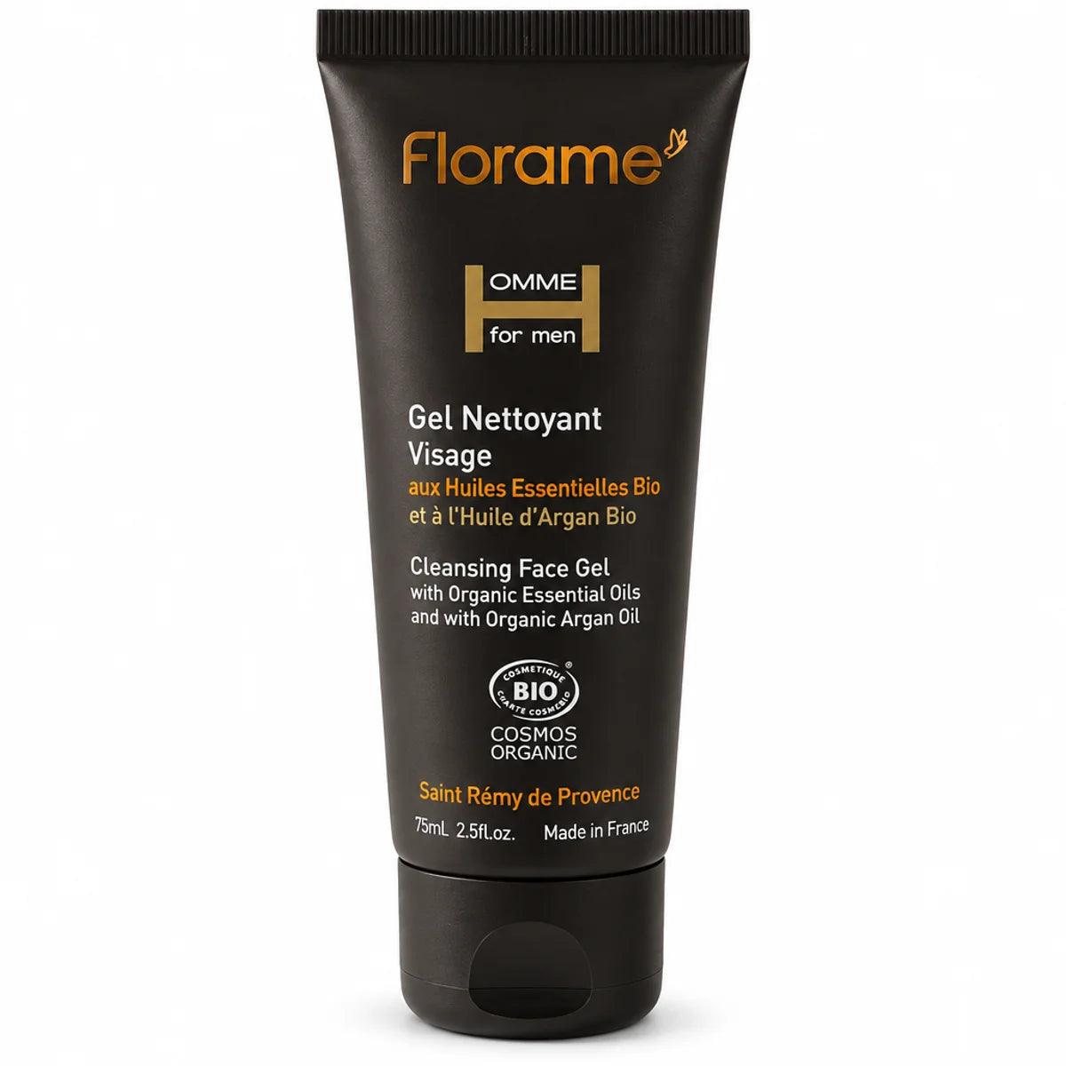 Gel nettoyant visage homme bio Florame 75 ml, tube noir mat avec logo doré, label BIO COSMOS, fond blanc