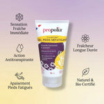 Gel pieds défatiguant Bio Propolia 75ml avec infographie des bénéfices naturels et certification bio