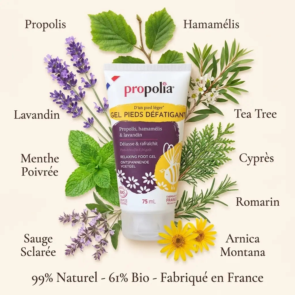 Gel pieds défatiguant bio Propolia 75ml avec ingrédients naturels - lavande, menthe, arnica