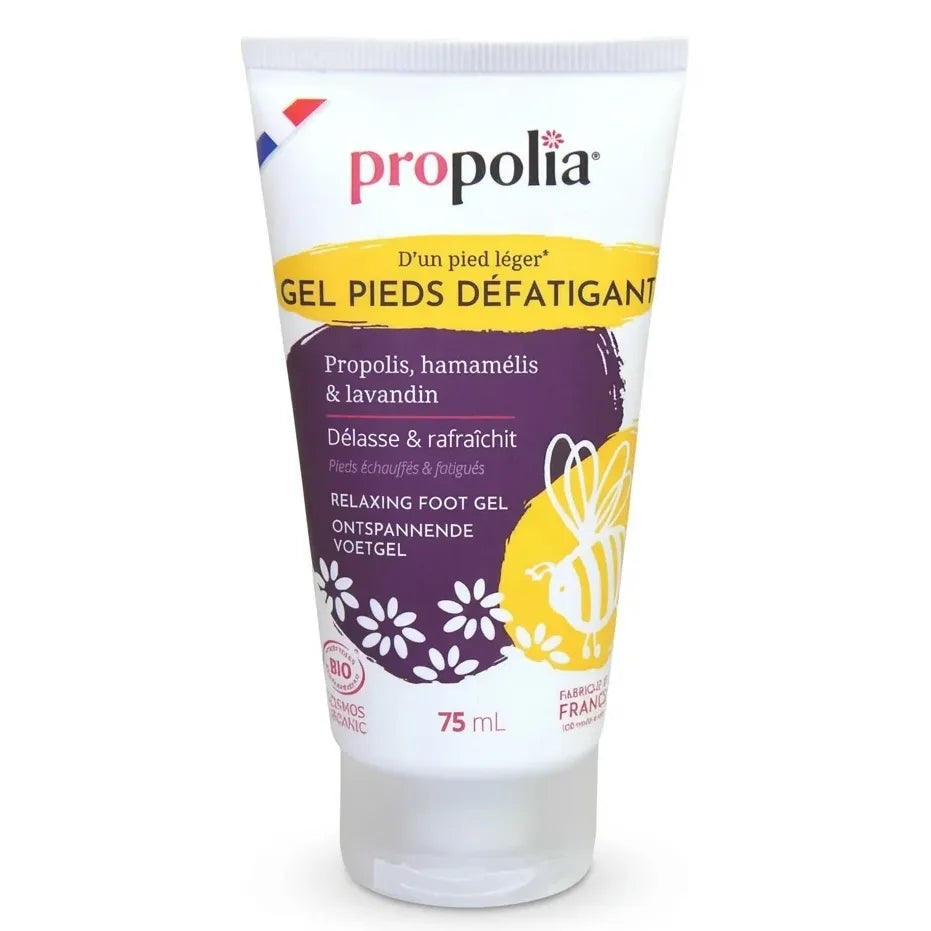Gel pieds défatiguant Bio Propolia 75ml tube blanc avec étiquette jaune et violette
