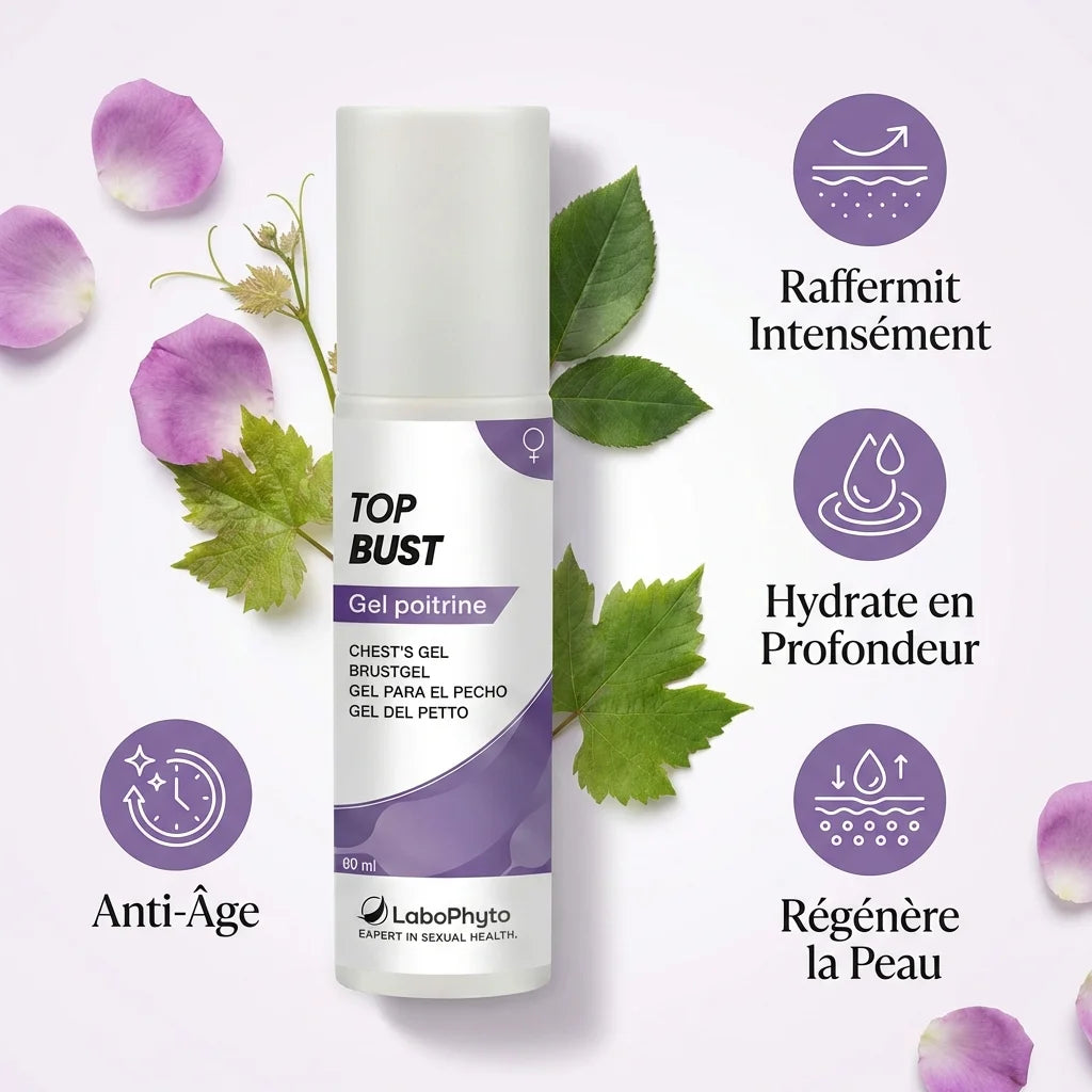 Gel raffermissant poitrine Top Bust Labophyto avec ses 4 bénéfices naturels : raffermissement, hydratation, régénération et anti-âge