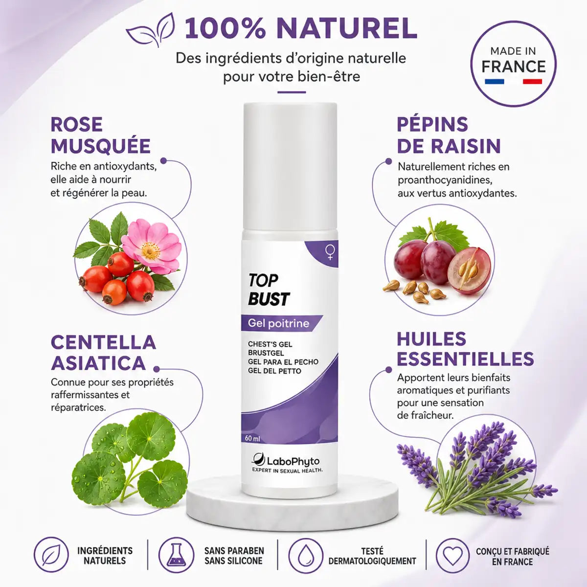Gel raffermissant poitrine Top Bust Labophyto avec ingrédients naturels : rose musquée, raisin, centella asiatica
