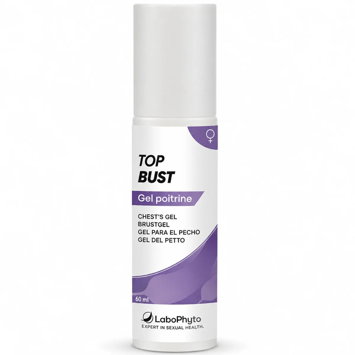 Gel raffermissant poitrine Top Bust Labophyto flacon 60ml avec pompe blanche sur fond blanc