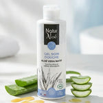 Gel douche bio Naturaloé 200ml avec aloe vera, miel et huile d'olive sur marbre blanc