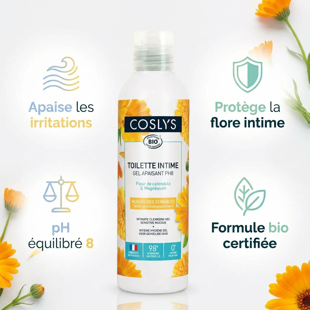 Gel toilette intime apaisant Bio Coslys 250ml avec bénéfices: apaise irritations, protège flore intime, pH équilibré