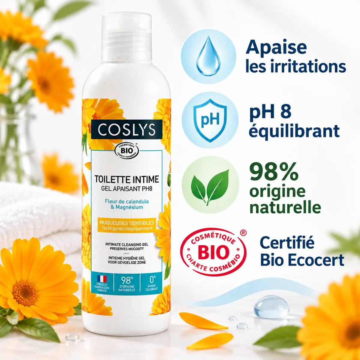 Gel toilette intime Bio Coslys 250ml avec calendula, apaise irritations et pH équilibrant