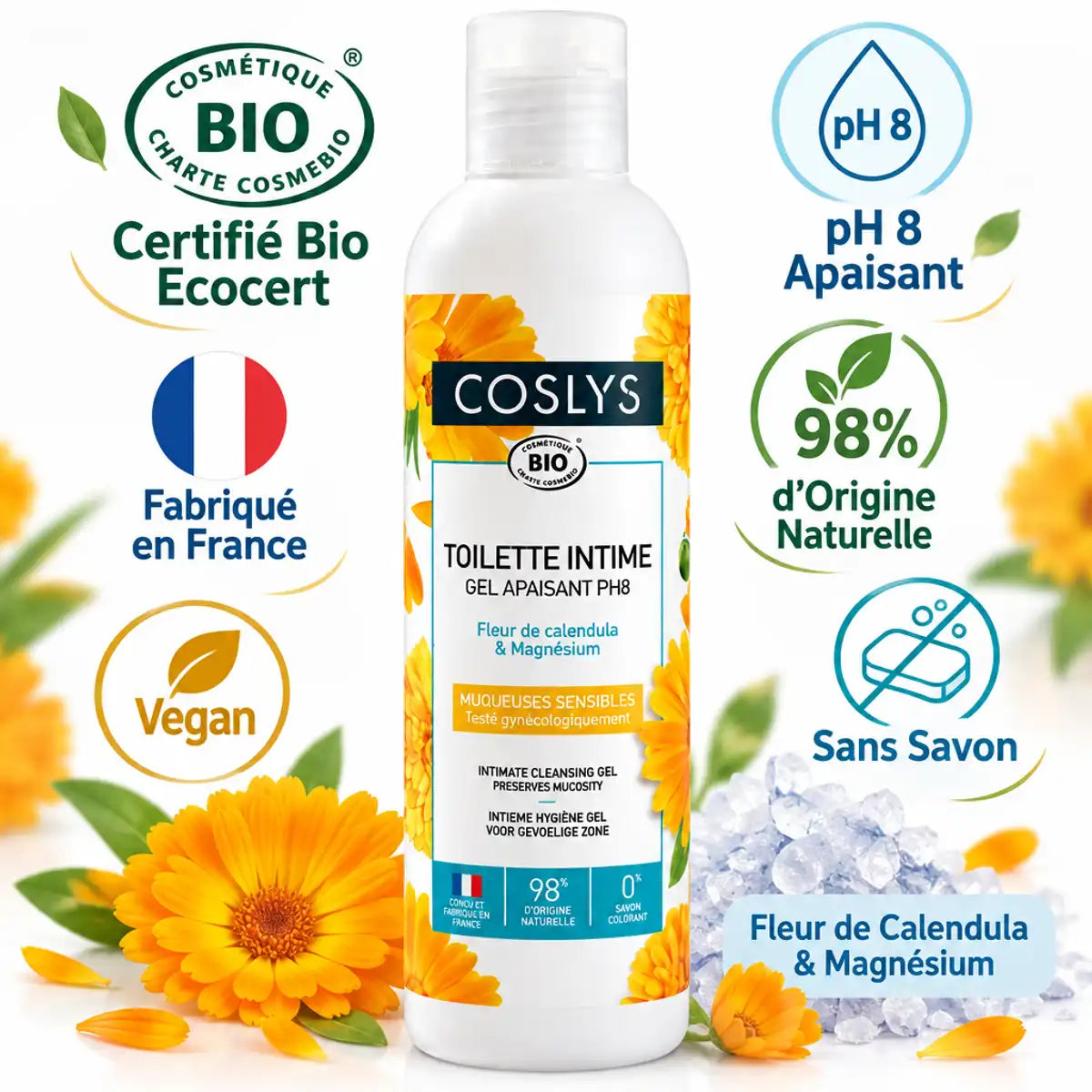 Gel toilette intime Bio Coslys 250ml certifié Ecocert, sans savon, apaisant à la calendula