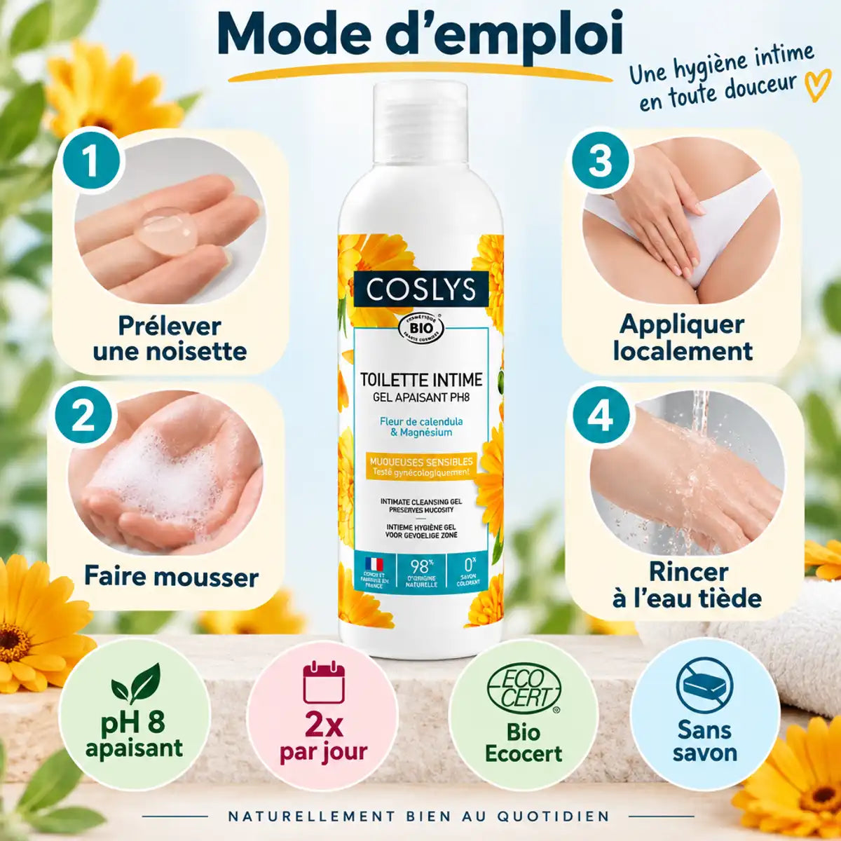 Gel toilette intime Coslys Bio 250ml avec mode d'emploi et instructions d'utilisation pas à pas