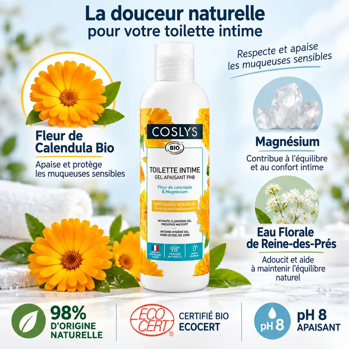 Gel toilette intime Bio Coslys 250ml avec calendula, magnésium et certifications naturelles