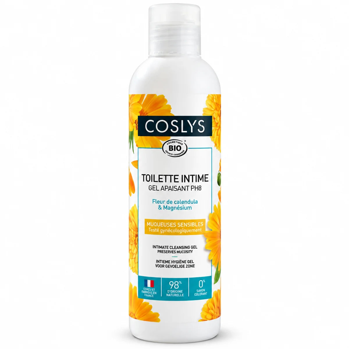 Gel toilette intime apaisant Bio Coslys 250ml flacon blanc avec pompe et certification biologique