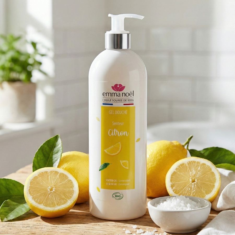 Gel douche citron de sicile posé sur une table en bois. Des citron sont posés à côté du produit.