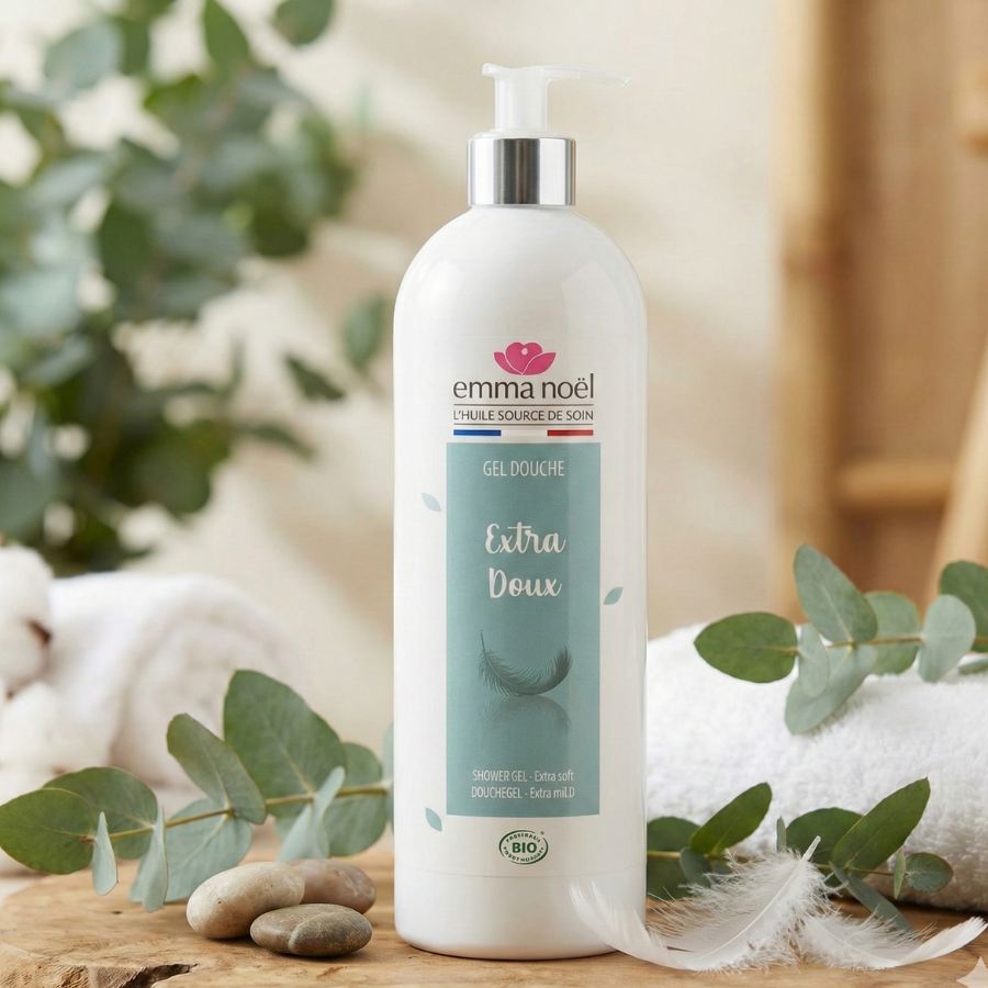 Un gel douche hypoallergénique de la marque emma noel posé sur une table en bois dans une atmosphère détendue.