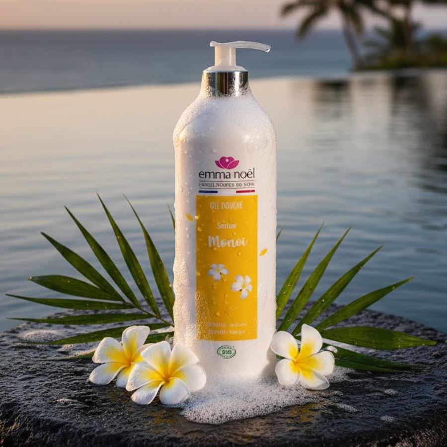 Un gel douche Emma Noël senteur Monoi d'1L posé sur une planche ronde dans un bassin d'eau. 