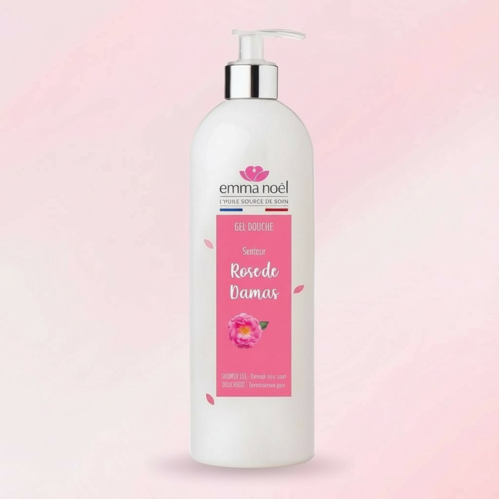 Un gel douche rose de damas d'1L de la marque Emma Noël.