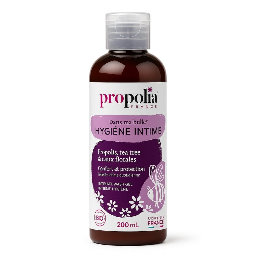 Un flacon de gel nettoyant pour l'hygiène intime de la marque propolia en 200ml