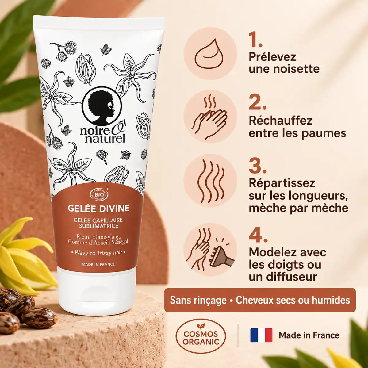 Gelée Capillaire Sublimatrice Noire Ô Naturel 200ml : tube bio et 4 étapes d'application sans rinçage, cheveux secs ou humides