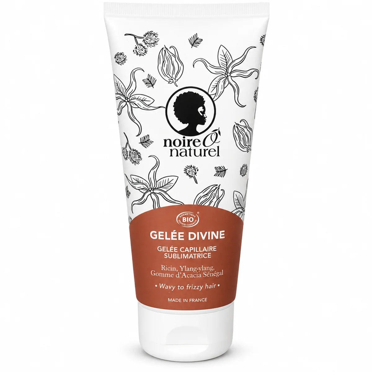 Gelée Capillaire Sublimatrice Noire Ô Naturel 200ml, tube blanc aux motifs botaniques ylang-ylang et acacia
