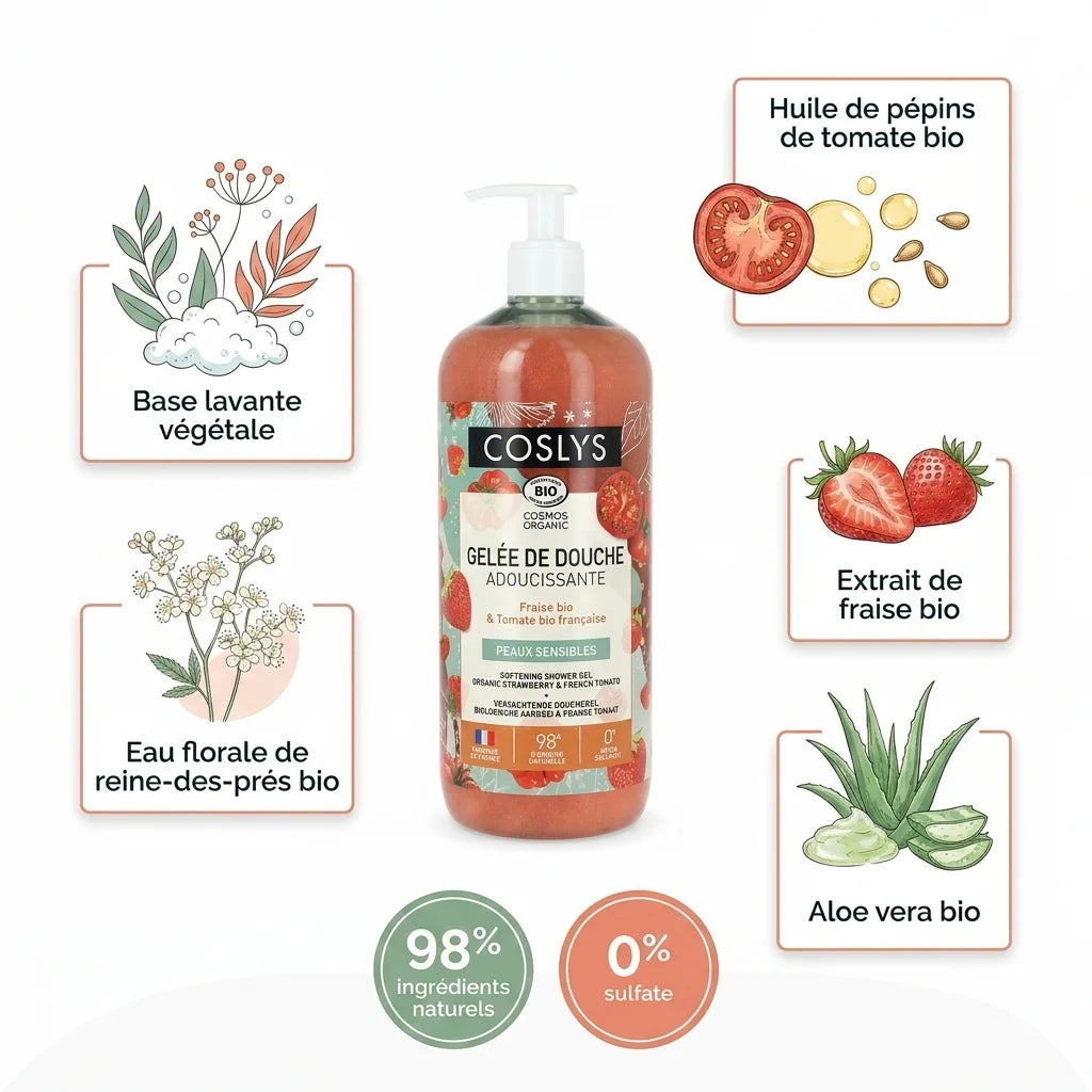 Gelée de douche Coslys fraise tomate bio 1L avec ingrédients naturels et badges 98% naturel