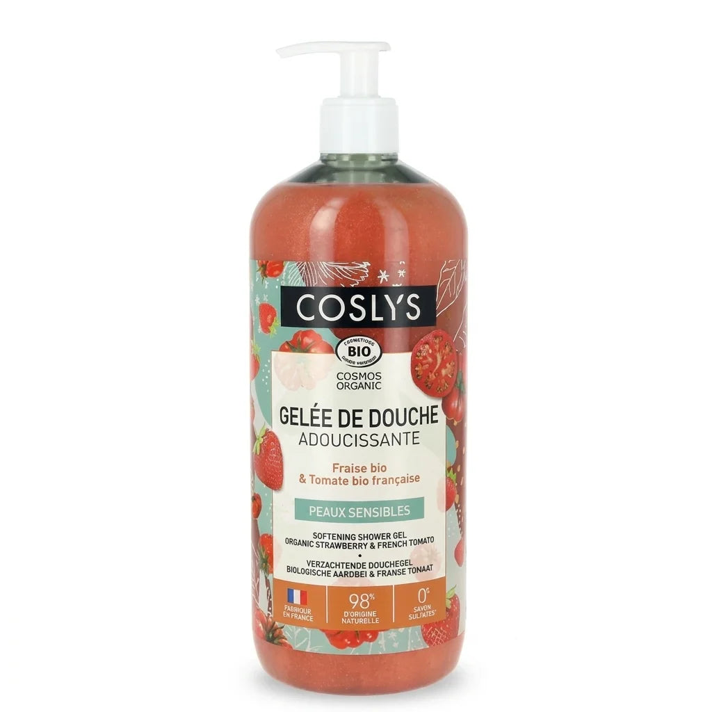 Gelée de douche adoucissante Fraise & Tomate bio Coslys 1L avec pompe, flacon blanc fond blanc