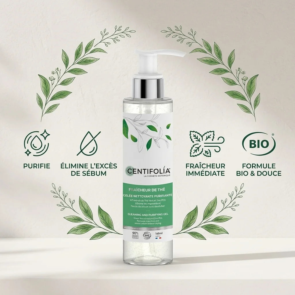 Gelée nettoyante Centifolia 145ml bio avec infographie bénéfices purifiant et hydratant