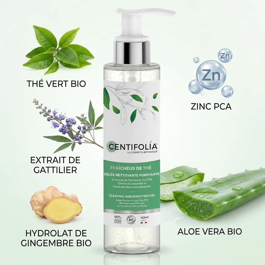 Gelée nettoyante Centifolia 145ml bio avec thé vert, aloe vera et gingembre pour visage purifiant